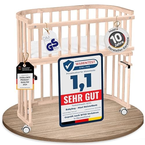 babybay Maxi lit cododo en Bois de hêtre Massif/Compact et modulable/Hauteur du lit réglable en continu/lit bébé évolutif (Naturel Non traité) / avec Matelas, Barres, Roues - Image 1