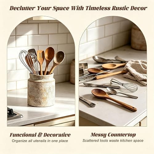 Rustic Utensil Holder for Kitchen Countertop - 6.5 inch Ceramic Utensil Crock Farmhouse Cooking Utensil Organizer for Spatula, Spoon (S-Rustic) thumbnail 5