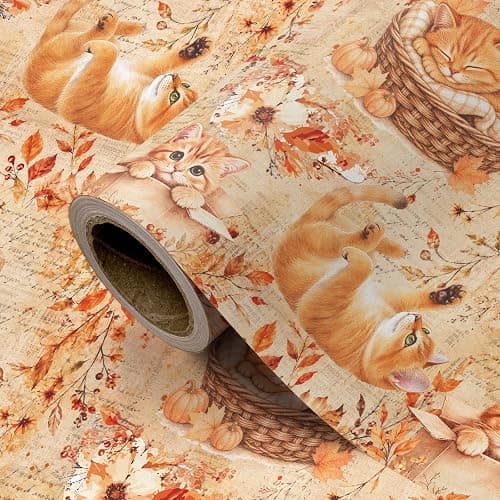 WRAPAHOLIC Kraft Fall Wrapping Paper Roll - Mini Roll - 17 Inch x 16.5 Feet - Cat, Autumn Maple Leaves, Pumpkin Wrapping Paper for Autumn, Thanksgiving, Party, Holiday thumbnail 9