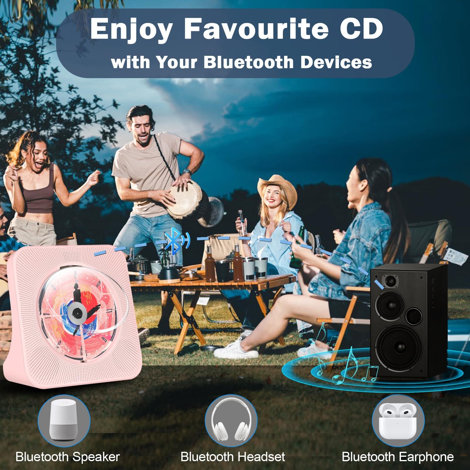 Pink CD Player Bluetooth, Portable Desktop CD Player with Speakers | Kpop Music Boombox with Bluetooth/FM Radio/AUX/USB Input, Timer Setting, LED Display, Small Cute CD Player Gift for Kids thumbnail 8
