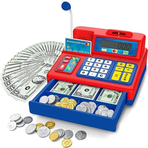 Bstoyder Calculator Cash Register Toy Gift for Kids Age 3, 4, 5, 6, 7, 8+ Year Old, 103 Pcs Grocery Store Playset with Microphone, Credit Card, Cash Register for Toddlers Kids 4-8 - Image 1