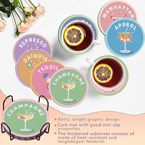 8 Pcs Cocktail Diamond Art Coasters Kit for Adults, Cocktail Diamond Painting Coasters with Holder, 5D Gem Art DIY Crafts Diamond Dots for Gift Life thumbnail 2