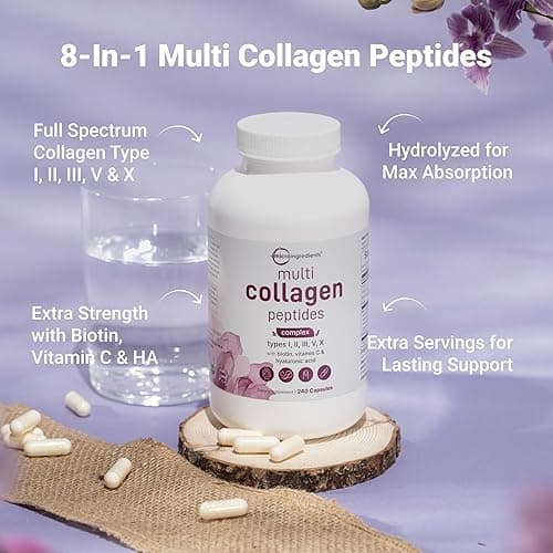 Micro Ingredients Multi Collagen Pills for Women & Men, 240 Capsules | Type I, II, III, V, X - Hydrolyzed Collagen Peptides with Biotin, Hyaluronic Acid & Vitamin C | Hair, Skin, Nail & Joint Support - Multi Collagen Capsules thumbnail 2