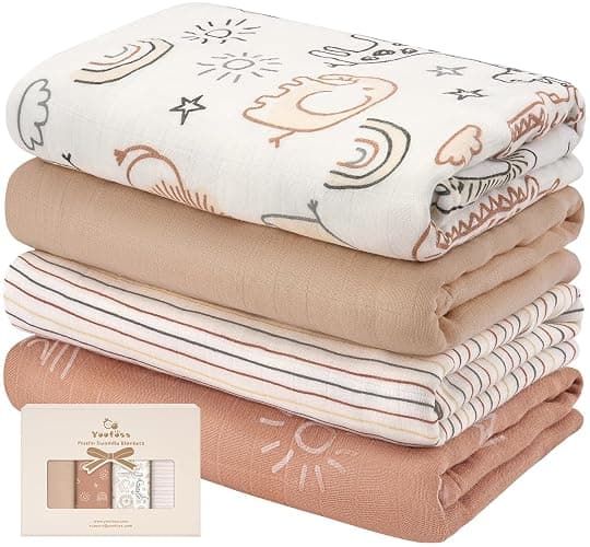 Yoofoss Muslin Swaddle Blankets, 4 Pack Receiving Blankets for Boys and Girls, 47 x 47 Inches Muslin Baby Blankets Soft Breathable - Brown Animals - Image 1