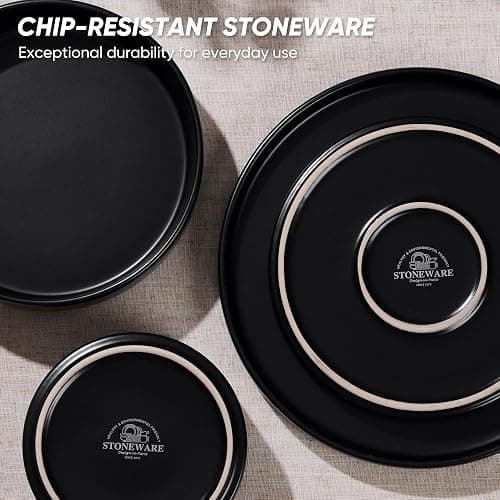 E-far Black Dinnerware Sets with Pasta Bowls, 24-Piece Stoneware Plates and Bowls Sets for 6 | Microwave & Dishwasher Safe Kitchen Modern Dish Set, Matte Black thumbnail 6