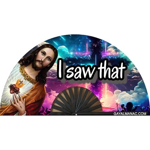 PandaTak Pride Festival Handheld Fan – Large 13" Bamboo Hand Fan Foldable with UV Reactive Ink – Funny Rave Accessory for Parties, Concerts, and Festival Outfits (Jesus v2.0) - Image 1