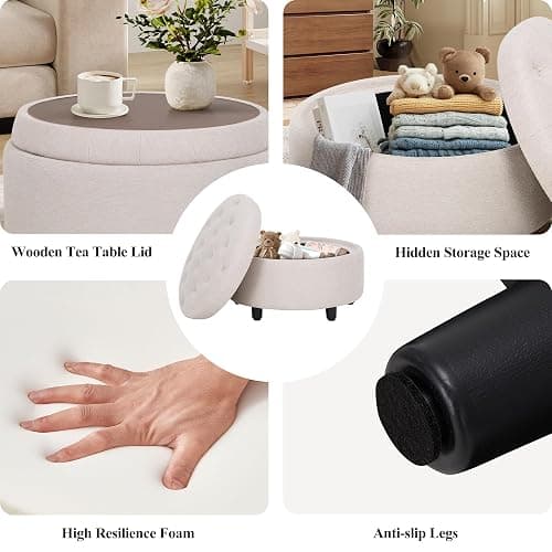 COLAMY Fabric Round Storage Ottoman with Reversible Tray Lid – Multi-Functional Footrest, Hidden Storage, Sturdy & Stylish Small Coffee Table for Living Room, Bedroom, or Entryway(Beige) thumbnail 4