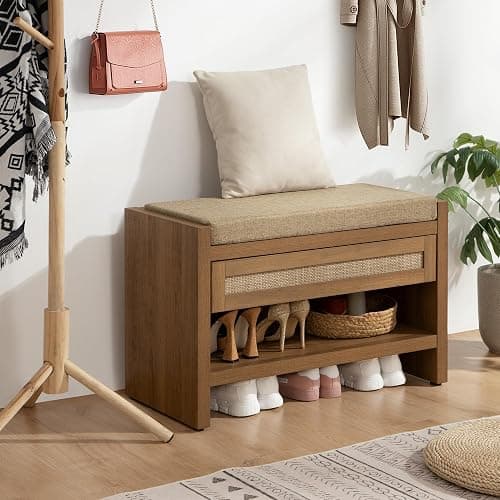 SICOTAS Rattan Shoe Bench Entryway Bench with Storage Drawer and Linen Seat Cushion, Farmhouse Boho Shoe Rack with Shelf, Wooden Storage Bench for Entryway Hallway and Bedroom, Caramel Oak thumbnail 9