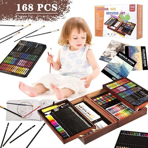 KINSPORY 168-Pack Art Supplies, Deluxe Wooden Art Set Crafts Drawing Painting Coloring Kit, 3 Pack Coloring Pads， Creative Gift Box for Artist Beginners Kids Girls Boys thumbnail 8