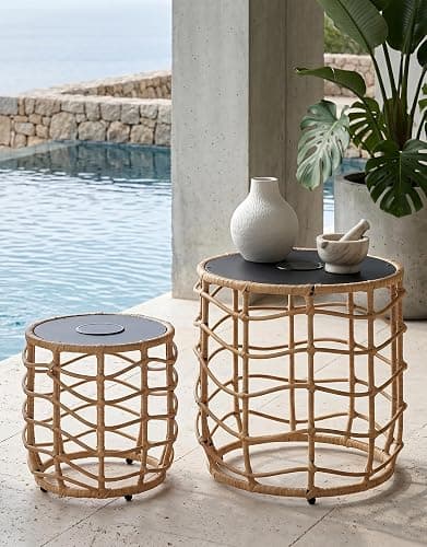 PARTPHONER Boho Solar Outdoor Side Table with Built-in Lights Set of 2, All-Weather Wicker Nesting Tables, Round Waterproof Accent End Table Design for Patio, Porch, Garden & Balcony, Natural Brown thumbnail 7