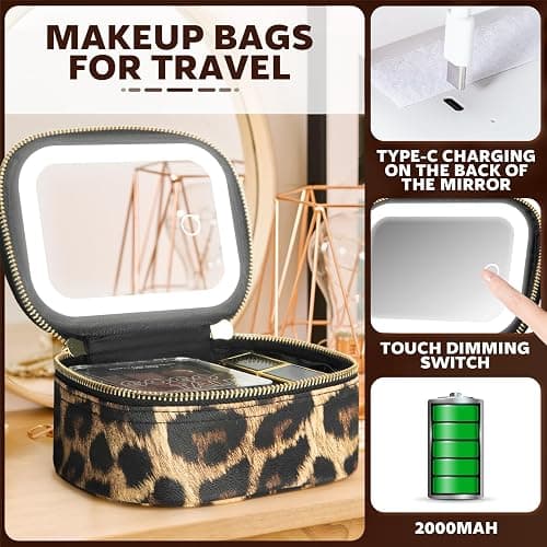 Mini Makeup Bag with Led Mirror, Small Travel Make up Bag 3 Light Modes Adjustable Brightness, for Women Organizer Cosmetic Bag, Portable Travel Train Toiletry Bag, for Pool Parties Work Touch-Ups thumbnail 4