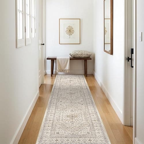 3x10 Runner Rug for Hallway Washable: Non Slip Kitchen Rugs with Rubber Backing Soft Waterproof Mats Stain Resistant Indoor Vintage Carpet Runner for Bedroom Bathroom Laundry Entryway Beige/Gray thumbnail 2