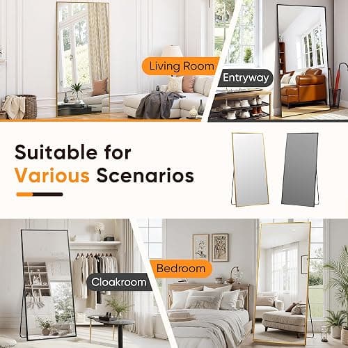 Suidia Full Length Mirror, 58"x18" Floor Standing Mirror Freestanding, Full Body Mirrors with Stand for Bedroom, Hanging Mounted for Living Room Cloakroom, Gold, Rectangular Style thumbnail 9