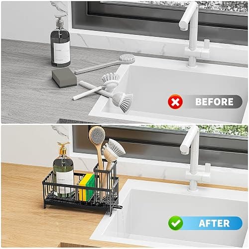 Cisily Black Sponge Holder for Kitchen Sink, Sink Caddy Organizer with High Brush Holder, Kitchen Countertop Organizers and Storage Essentials, Rustproof 304 Stainless Steel, Soap Dispenser Organize - Black thumbnail 6