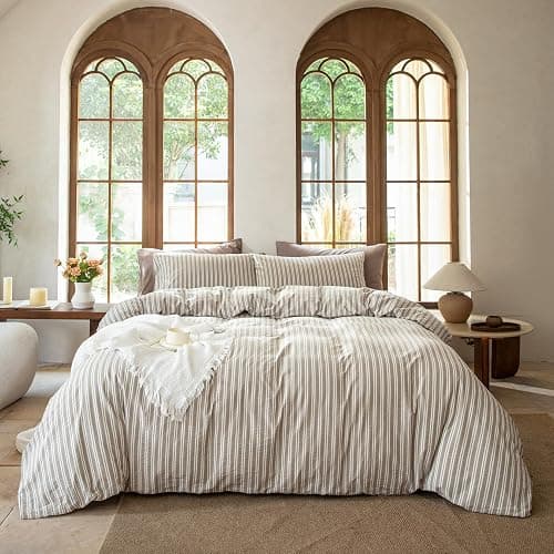 BESTDESIL Striped Duvet Cover Set, 100% Washed Cotton Bedding King Size, Stripes Pattern Printed Comforter Cover with Zipper Closure(Linen Grey,King Size) thumbnail 2