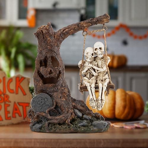 Halloween Skull Statue with Spooky LED Light for Home Indoor Decorations | Halloween Decor with Romantic Skeleton Couple on Swing Dead Tree, Resin Skull Party Centerpieces Holiday Collectible Gift thumbnail 6