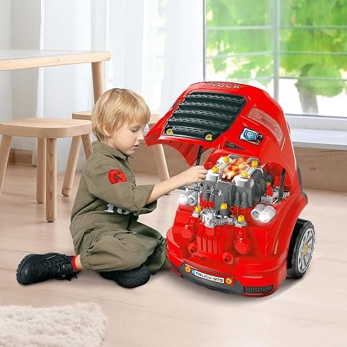 Qaba Truck Engine Toy, Kids Mechanic Set with Lights, Sounds, Steering Wheel and Horn, Pretend Car Service Station Play with 61-Piece Included, Toy Engine Building Kit for Kids Aged 3+, Red thumbnail 2