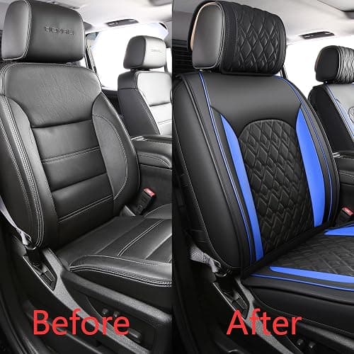 JOJOBAY Chevy Silverado Seat Covers,Leather Seat Covers for GMC Sierra,Custom Fit 2007-2026 1500 2500HD 3500HD Crew Double Extended Regular Cab,LT LZT RST Trail Boss(Front Pair,Black Blue) thumbnail 4