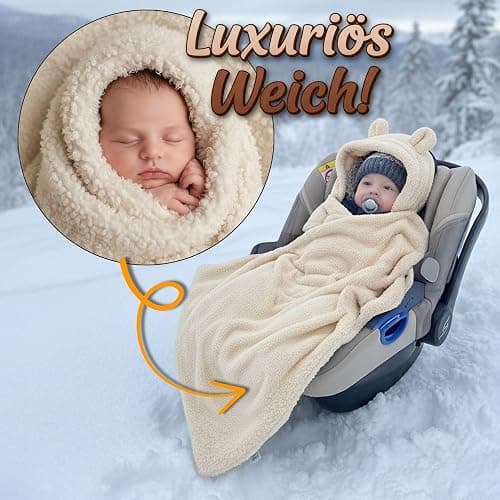 Kuschelige Boucle Einschlagdecke für Babyschale & Kinderwagen – warme Babydecke beidseitig mit Kapuze für Neugeborene – Premium Teddy für den Winter 90×90 cm Hellgrau thumbnail 3