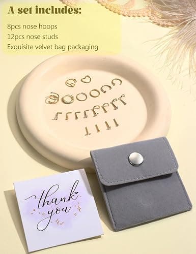 FIBO STEEL 18g 20g Nose Rings Hoops Nose Studs - Hypoallergenic Surgical Steel CZ Nose Stud L Shape Body Nostril Piercing Jewelry for Women Men 14k Gold Plated 20Pcs thumbnail 7