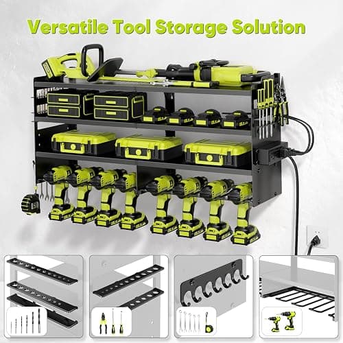 POKIPO Large Power Tool Organizer Wall Mount with Charging Station,4 Layer Heavy Duty Metal Tool Storage Rack Loads 600lbs with 8 Cordless Drill Holder,Battery Utility Rack Loads with 4 Power Strip thumbnail 4