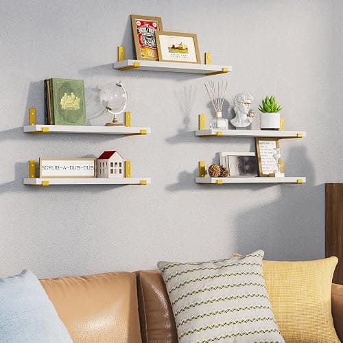Fixwal Floating Shelves Set of 5, Width 4.7 Inches Wall Shelves, Rustic Wood Wall Storage Shelves for Bedroom, Living Room, Kitchen, Bathroom, Home Decor, Laundry Room, Office and Plants (White Gold) thumbnail 6