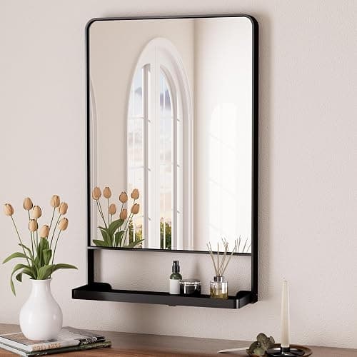 Keonjinn 18x28 Inch Black Bathroom Mirror with Shelf, Rectangle Metal Bathroom Vanity Mirror with Storage, Black Rounded Corner Wall Mounted Bathroom Mirrors for Over Sink Bedroom Entryway - 28"L x 18"W - Black - Image 1