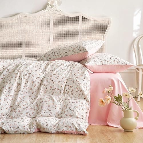 Wake In Cloud - Floral Comforter Set, Coquette Cottagecore Aesthetic Cute Flower Pattern for Women Teen Girls, Soft Lightweight Dorm Bedding, 3 Piece, Pink, Queen Size thumbnail 5