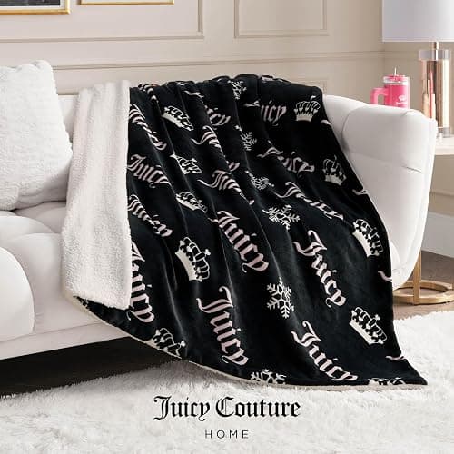 Juicy Couture Plush Reversible Sherpa 50"x60" Throw Blanket, Black Diagonal thumbnail 4