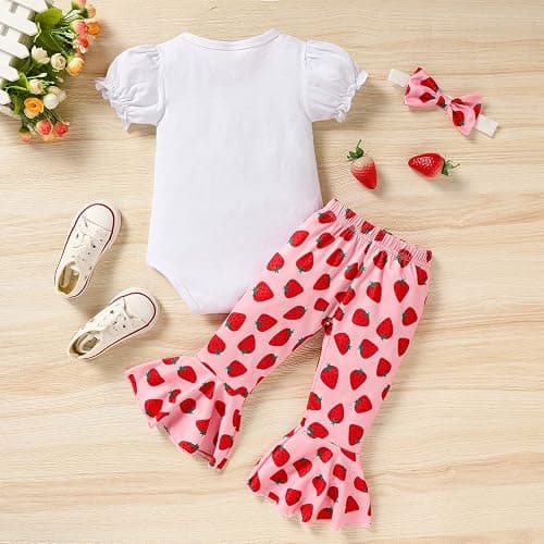 GRNSHTS Baby Girl Birthday Clothes First One Letter Short Sleeve Romper+Flared Pants+Headband 3Pcs Cake Smash Outfits thumbnail 2