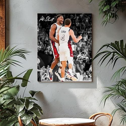 NBA Canvas Wall Art Decor - Anthony Edwards and Stephen Curry Team USA Celebration, Basketball Poster, USA Basketball Olympic Art Wall Decor, Gift for NBA Fans 16X20 inch thumbnail 4