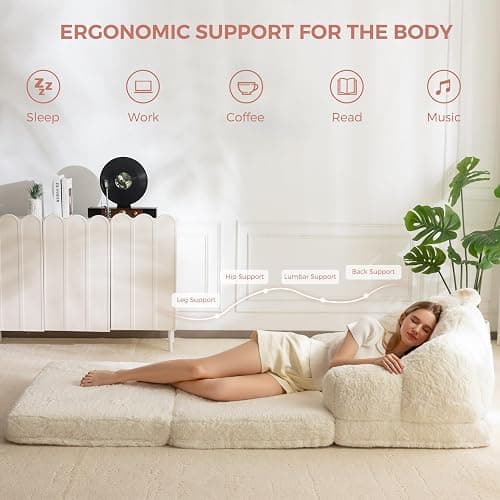 MAXYOYO Folding Sofa Bed, 2 in 1 Convertible Sofa to Lounger Comfy Single Bean Bag Chair for Adults, Floor Sleeper Couch with Handle, Faux Fur Couch Bed for Living Room Bedroom, Beige thumbnail 6