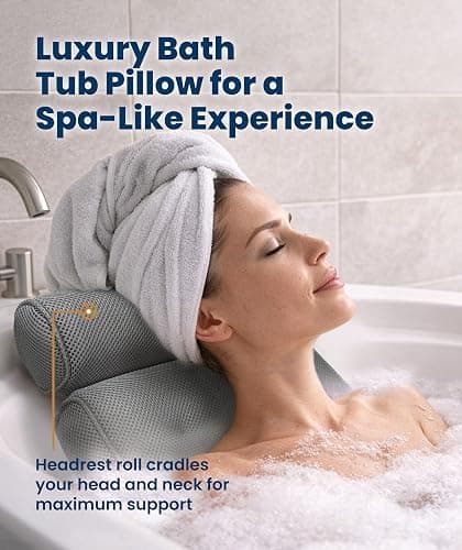 Everlasting Comfort Luxury Bath Pillows for Tub with Head and Neck Support - Non-Slip Bathtub Pillow with Suction Cups, Quick-Drying Mesh & Drying Hook - Jacuzzi & Spa Accessories for Women - Gray thumbnail 3