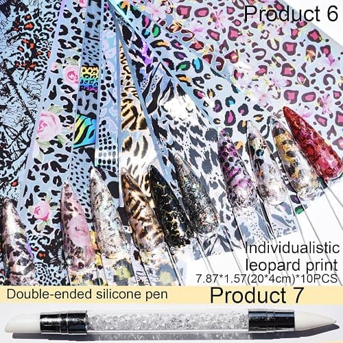 Nail Art Transfer Foils, 60 Pieces, Mixed Designs - Dried Flowers, Iridescent, Animal Print, Marble, Checkered Patterns, 1 Pcs Nail Art Engraving Pen Silicone Pen 7.87 x 1.57 inches(60) thumbnail 6