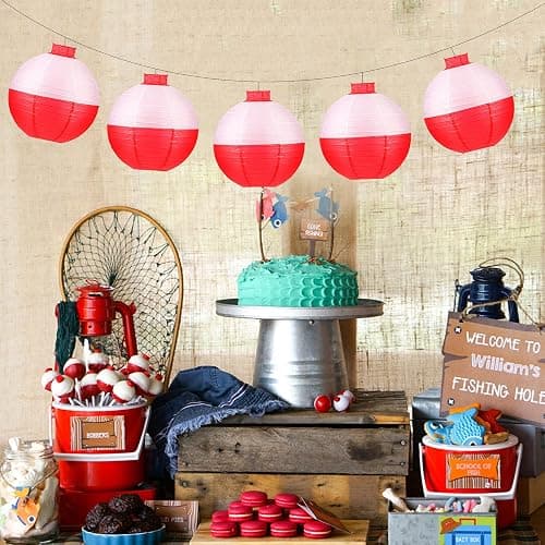 12 pcs Fishing Bobber Paper Lanterns Hanging Fish Shaped Ball Decorations Red and White Paper Lanterns for Fishing Themed Party Decorations Birthday Decor Supplies thumbnail 7
