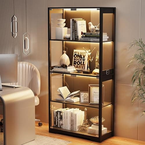 BROTTAR Display Cabinet with Glass Doors, 4-Tier Curio Cabinet with 3 Color Lights for Collectibles, Glass Display Case with Human Body Sensor, Bookcase with 4 Shelves, Storage Cabinets, Black thumbnail 5