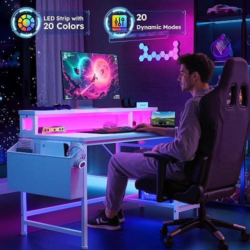 DurayLoly 40" Computer Desk with LED Strip, Gaming Desk with Drawers & Storage Bag, Office Desk with Power Outlets & Monitor Stand, Home Office Desks for Bedroom, Gaming Room, White thumbnail 5