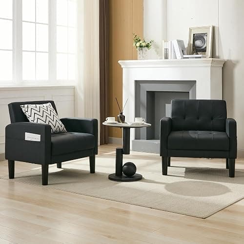 TYBOATLE Accent Chair Set of 2 Living Room Chairs Cozy Tufted Mid Century Modern Black Accent Chairs with Arms for Bedroom Comfy Reading Arm Chair Small Chairs for Small Spaces Office(2, Black) - 30.9inch-2 - Black thumbnail 3