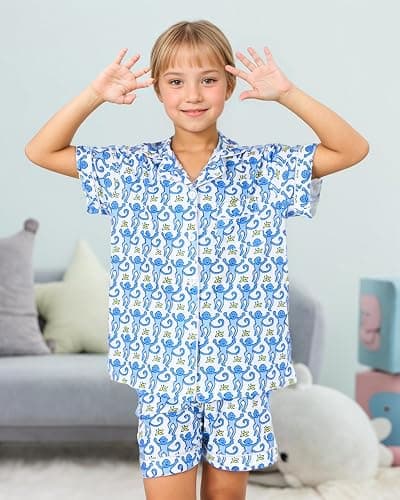 Zelbuck Girls Summer Outfit, Kids 2 Piece Button Down Monkey Beach Shorts Set Ugly Animal Y2k Preppy Loungewear Pjs - Light Blue - 10-11 Years thumbnail 4