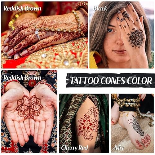 14 Pcs Temporary Tattoo Cone Kit, Tattoo Cones 3 Color (4 Black,4 Cherry Red,6 Reddish-Brown),India Body Art Skin Paint Tattoos Paste for Women, Men & Teens, Perfect for Festivals, Party & Gifts thumbnail 5