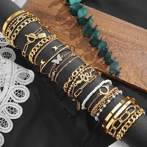 17IF 24-25 Pcs (6 Pack) 14K Gold Ankle Bracelets Set for Women Boho Stackable Bangles Cuff Charm Chunky Wrist Jewelry thumbnail 3