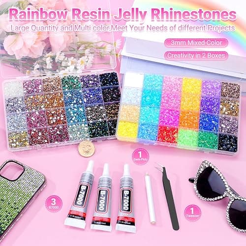 Atifober 51000Pcs 48 Colors Bedazzler Kit with Rhinestones and Tools, 3mm Bling Bedazzle Gems for Crafting Flat Back Crystal Resin Jelly Rhinestones with 3pcs B7000 Glue for Book Clothes Shoes Decor thumbnail 2