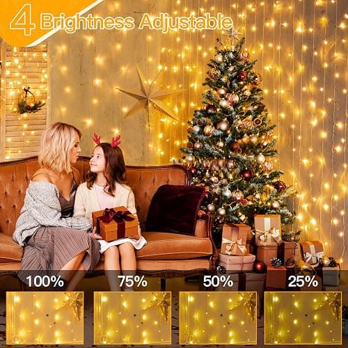 Ollny Christmas Curtain Lights 300 LED 9.8 FTx9.8 FT, Outdoor Waterproof Curtain String Lights with Remote Timer 8 Modes, USB Waterfall Window Lights for Wall Backdrop Home Decorations (Warm White) thumbnail 6