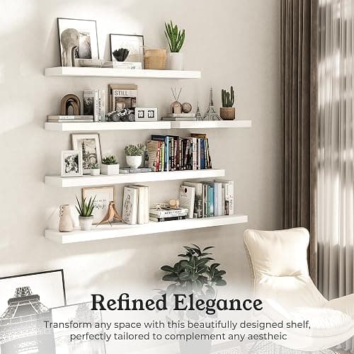 Ornawit 24" White Floating Shelves Wood Wall Shelf, White Color, Set of 2 | Wall Mounted Wood Shelves, For Bathroom, Bedroom, Living Room, Kitchen, Hanging Shelf for Books/Storage/Room Décor thumbnail 5