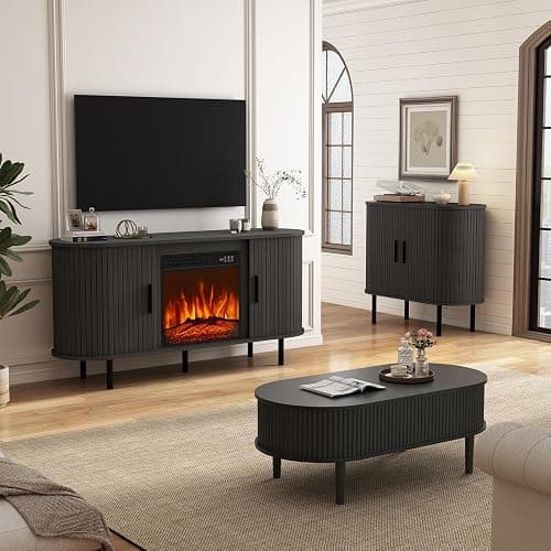 BREEZEHEAT 55'' Mid Century Modern Fluted TV Stand with 18" Fireplace, Curved Fireplace Entertainment Center for TVs Up to 65 Inches, Media Console Cabinet for Living Room/Bedroom, Black thumbnail 8