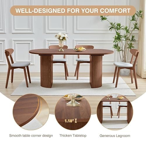 70.8 Inch Dining Table for 4-6 People, Oval Kitchen Table with Semi-Cylindrical Legs Base, Modern Farmhouse Round Dinner Tables for Dining Room Kitchen Living Room (Walnut) thumbnail 6