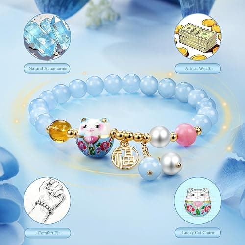 Sereney Lucky Bracelets for Women as Healing Crystal Protection Bracelets, Cat Aquamarine Bracelet for Girls as Cat Gifts, Red Agate Bead Bracelet for Protection as Feng Shui Gifts thumbnail 3