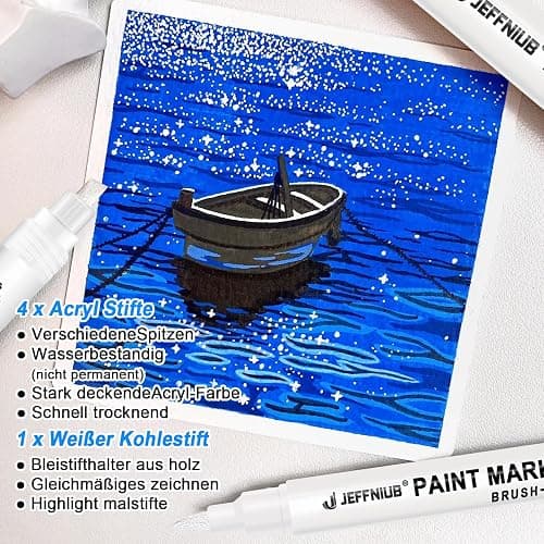 JEFFNIUB Lot de 5 Stylos Blancs pour Art - Set Stylo Opaque avec Pinceau, Fineliner, Crayons et Marqueurs Acryliques - Pour Écriture et Dessin sur Papier Noir thumbnail 4