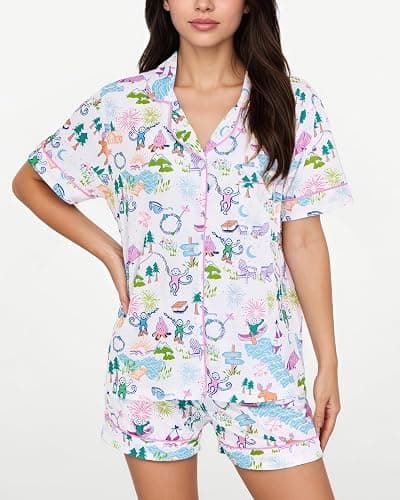 Zuafy Women's Pajamas Set Button Down Ladies Summer Pajamas Monkey Printed Sleepwear Short Sleeve 2 Pc Pjs for Birthday Gift thumbnail 3