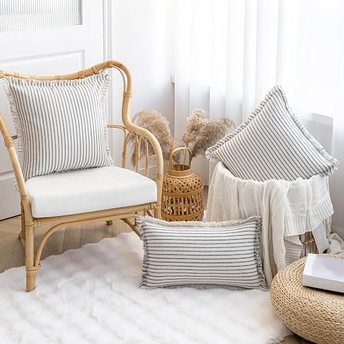 YEENAASY Striped Farmhouse Throw Pillow Covers 24X24 Set of 2 Boho Pillow Cover with Fringe Tassel Chic Cotton Decorative Pillows Modern Neutral Square Cushion Pillowcase for Sofa Couch Bed, Grey - Grey - 24" x 24" (Pack of 2) thumbnail 2